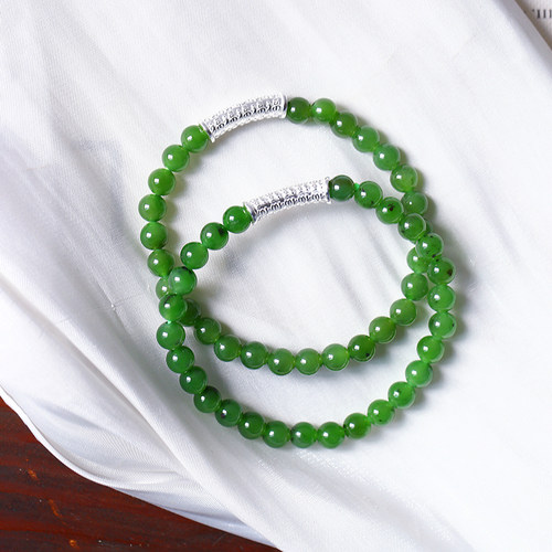 碧玉冰绿圆珠搭配纯银弯管手链