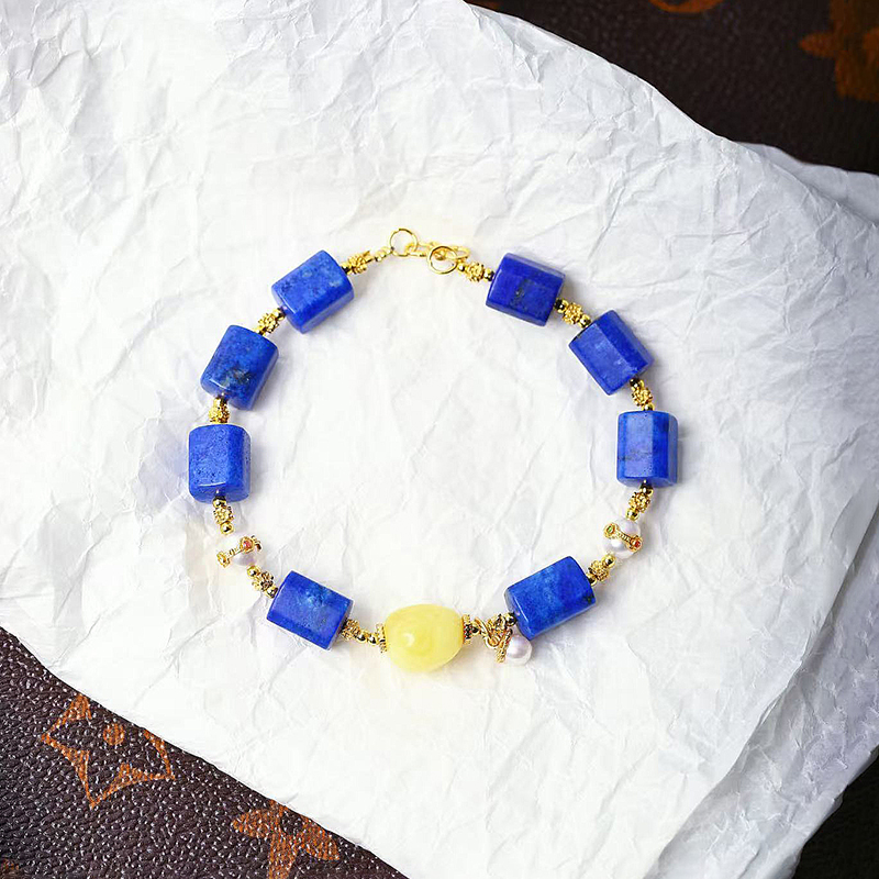 天然阿富汗老矿青金石随形珠搭配蜜蜡原创手链 女款青金石饰品
