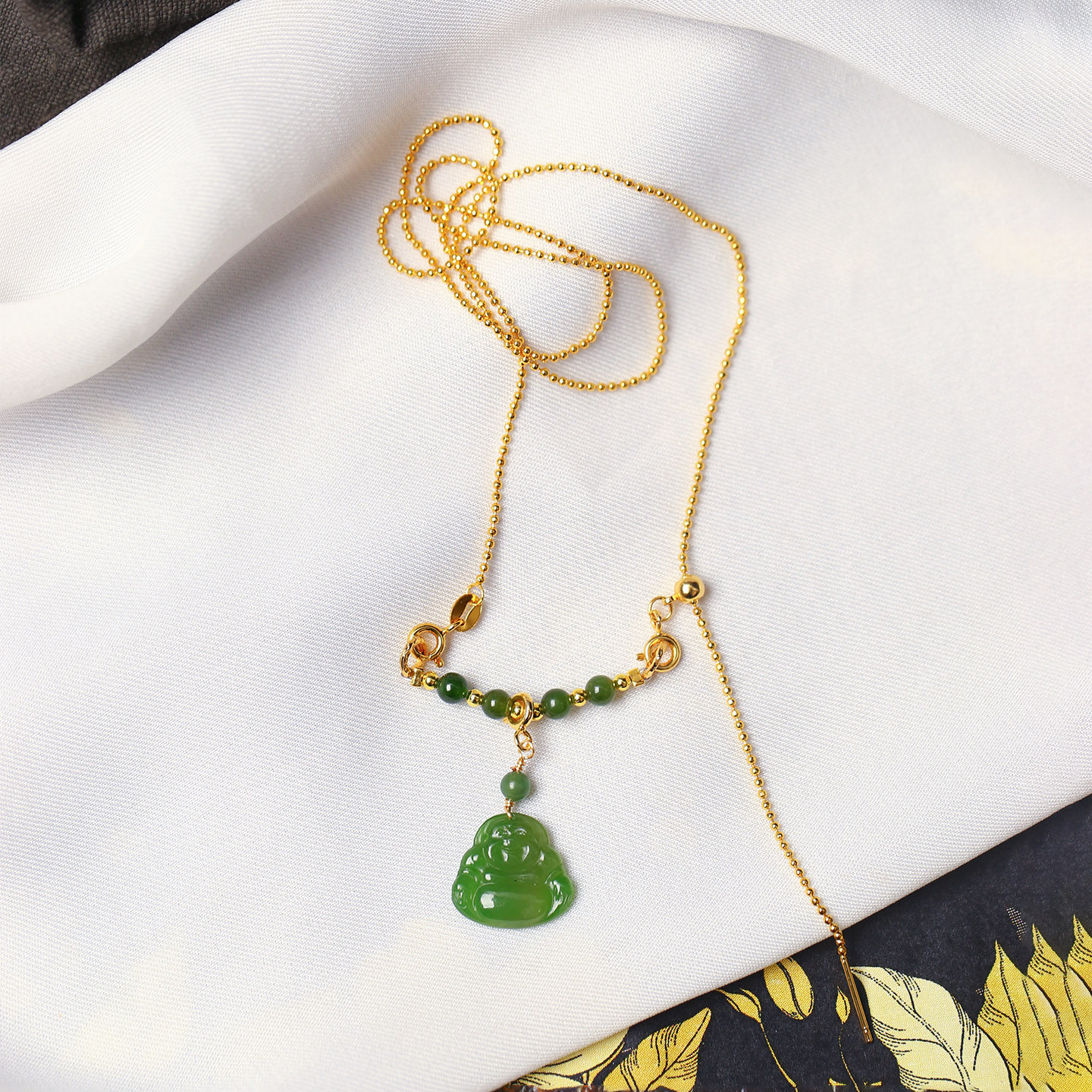 天然俄罗斯碧玉雕刻弥勒佛搭配14K链原创款吊坠女款玉石挂坠