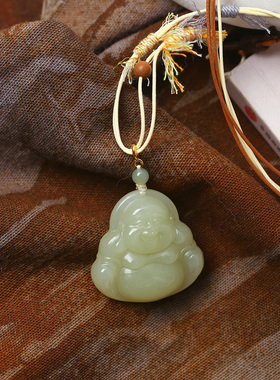 天然和田玉黄口料雕刻弥勒佛款吊坠 手工雕刻玉石挂坠饰品