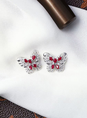 精品彩宝天然红宝石纯银镶嵌蝴蝶款吊坠 女款彩宝银镶挂坠饰品