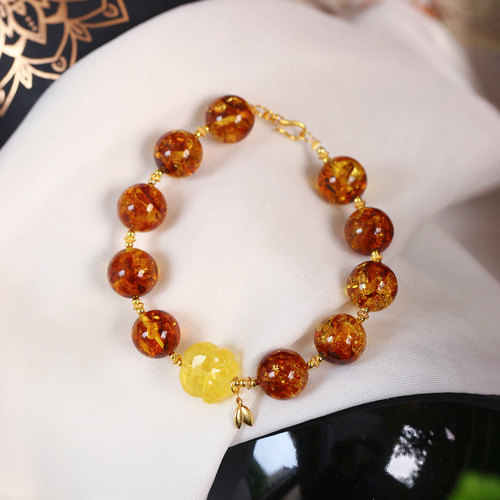 天然琥珀蜜蜡花珀圆珠原创搭配款手链 女款蜜蜡花珀手串饰品
