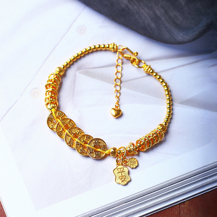 999足银镀金圆珠搭配五帝钱款手链 女款纯银原创设计款银手链饰品