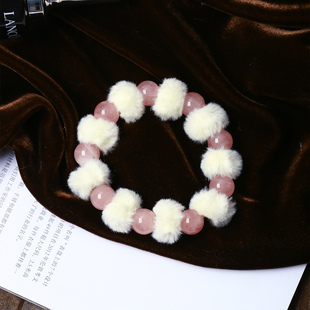 流行手串饰品礼物 女款 天然粉水晶红圆珠搭配毛绒团原创款 手链