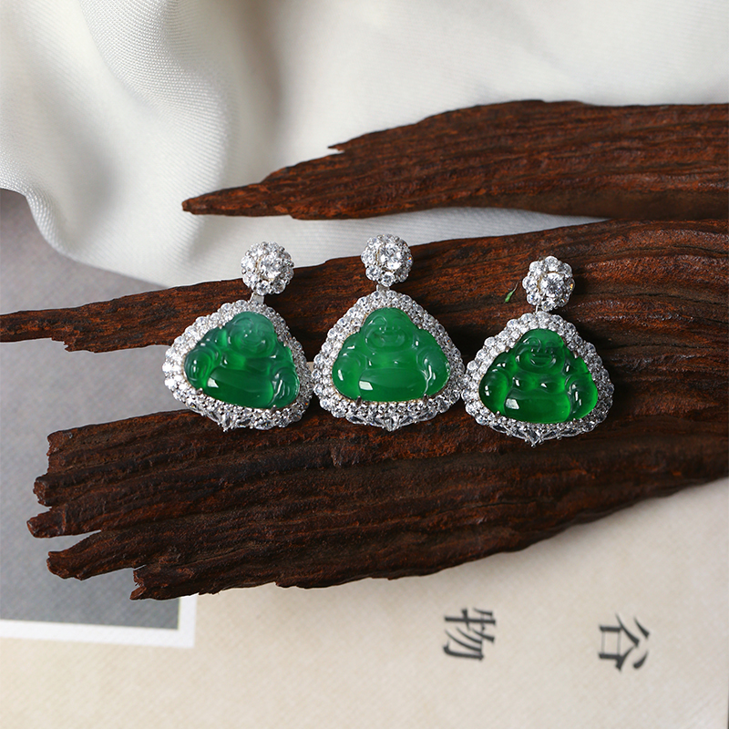 天然A货翡翠危料帝王绿雕刻弥勒佛纯银镶嵌吊坠 女款翡翠挂坠饰品