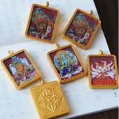 原矿朱砂紫晶砂矿砂彩绘唐卡黄财神绿度母扎基拉姆款 吊坠男女饰品