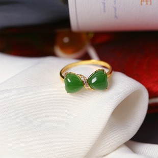 金镶玉指环饰品 女款 精品天然俄罗斯碧玉18K金镶嵌蝴蝶结款 戒指