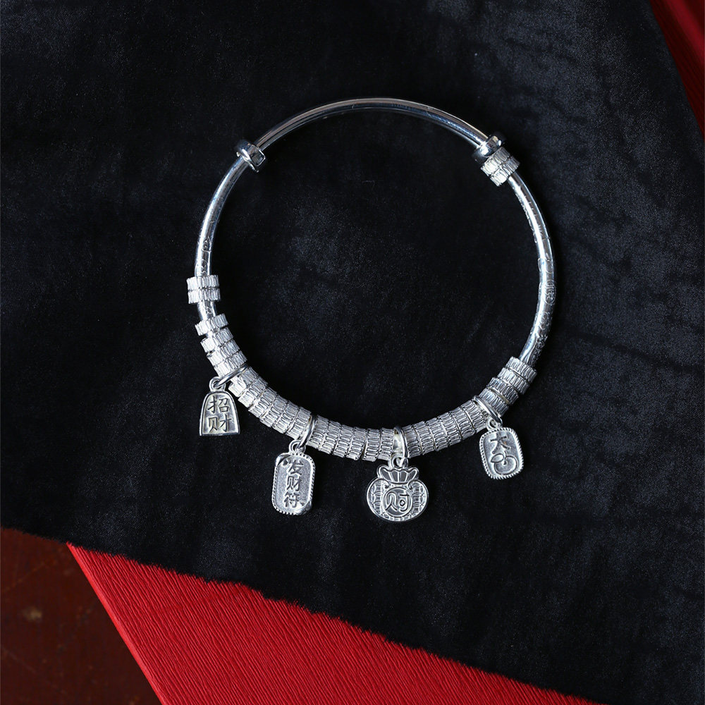 999足银古法万贯吊财推拉款手镯女款纯银镯子送闺蜜饰品礼物