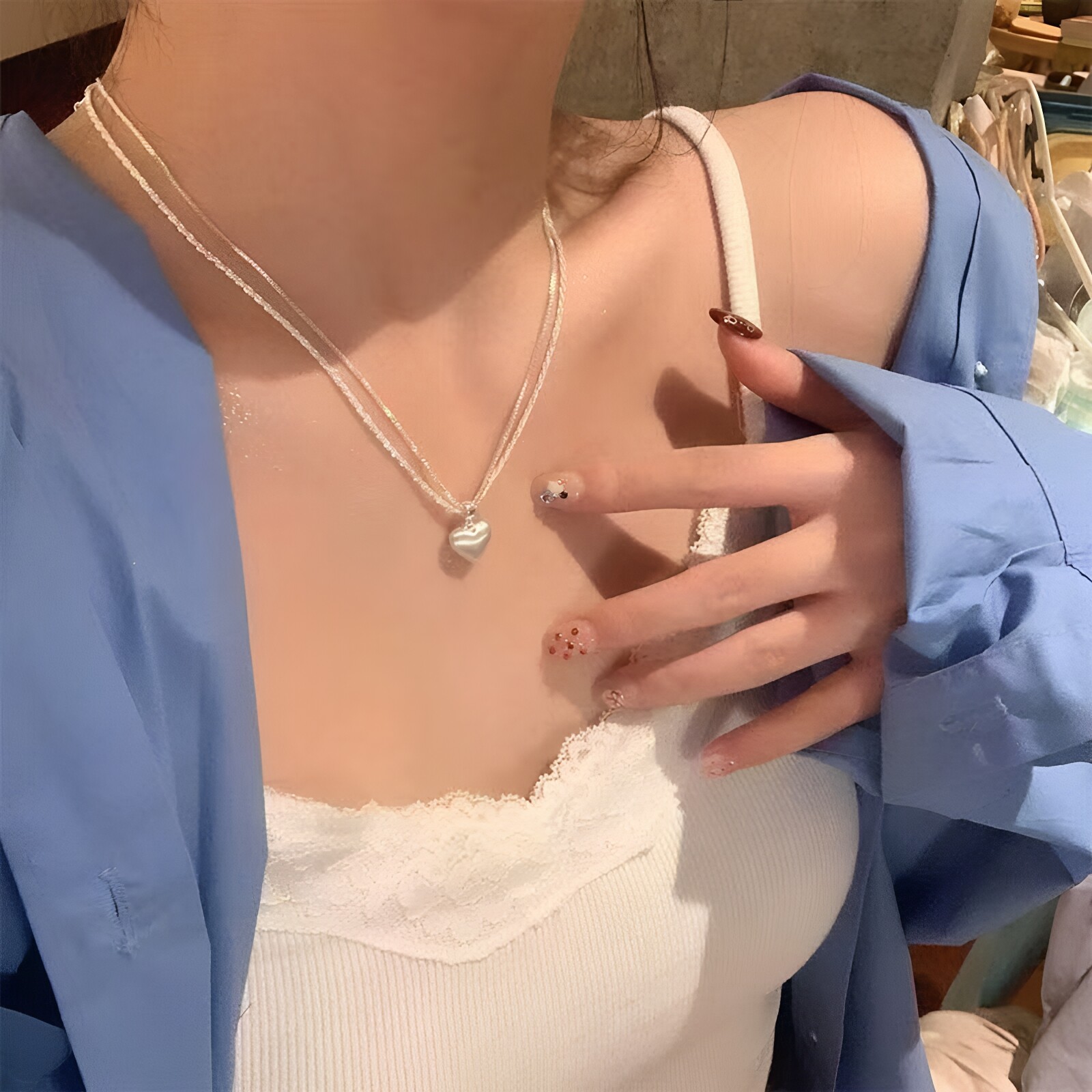 925纯银满天星链搭配拉丝爱心坠项链吊坠 女款时尚银饰锁骨链饰品