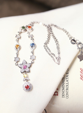 精品彩宝天然彩色蓝宝石纯银镶嵌款项链女款精工银镶嵌宝石饰品