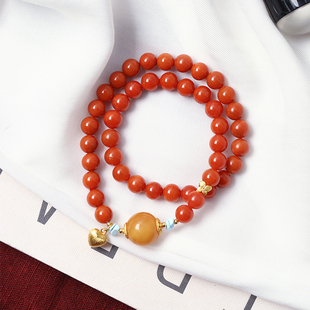 天然南红玛瑙圆珠搭配蜜蜡圆珠原创搭配款 两圈手链女南红手串饰品