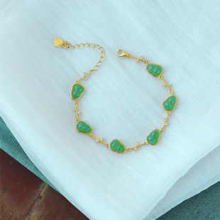 玉石银手链饰品礼物 女款 天然俄罗斯碧玉纯银镶嵌小葫芦款 手链