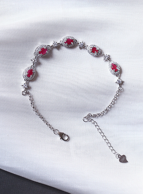 天然红宝石纯银镶嵌手链