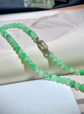 天然独龙玉冰飘花圆珠款项链女款翡翠平替高冰非洲翡翠色项链饰品