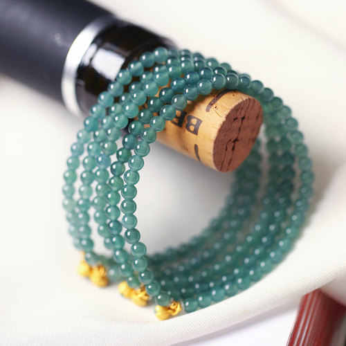 天然A货翡翠危料蓝水翡翠圆珠搭配纯银配件单圈 女款翡翠手串饰品