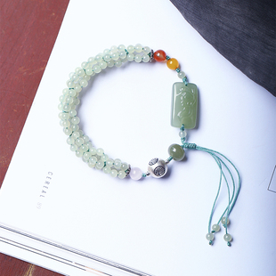 天然和田玉青玉圆珠多股编织手绳搭配手牌花原创手链女款玉石饰品