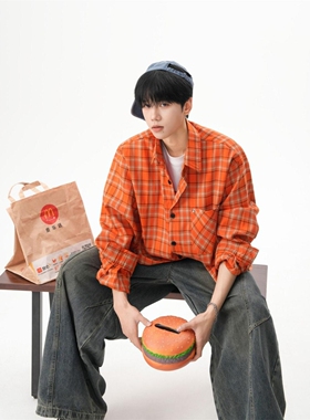 美式潮牌复古橙色格子长袖衬衫男外套春夏季新款防晒休闲衬衣ins