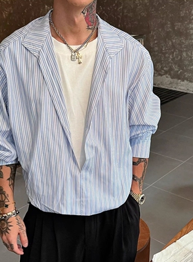 蓝色条纹翻领长袖衬衫男士防晒衫日系清新小众可外穿休闲薄款衬衣