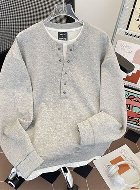 亨利领灰色假两件卫衣男生春秋大码小众潮牌宽松休闲男士打底上衣