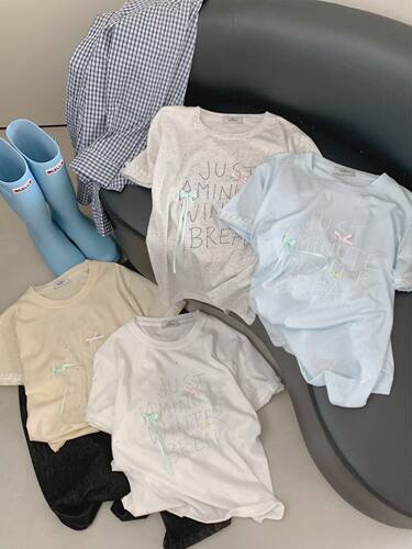 韩系温柔风满印字母蝴蝶结T恤女夏季新款宽松显瘦蕾丝边短袖上衣