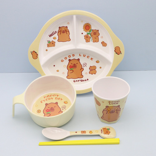 可爱卡皮巴拉餐具碗盘仿陶瓷套装卡通小熊高颜值饭碗盘子把手碗勺