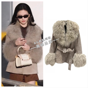 不二之臣沈羽洁同款 驼色麂皮绒羊卷毛外套腰带收腰仿皮草上衣冬季