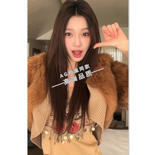易梦玲同款 黄棕色环保水貂毛仿皮草短外套