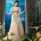 程潇微博之夜同款 裸色重工烫钻亮片礼服收腰网纱吊带连衣裙长裙子