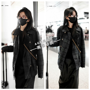 宋祖儿同款绿色格纹风衣双排扣翻领夹克外套Pu皮裙半身裙长裙子女