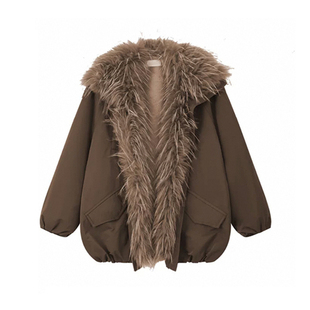 赵露思同款 女 棕绿色毛毛派克服大衣貉子毛拼接飞行员夹克外套冬季