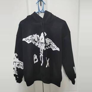 尾货带绒秋冬卫衣男老鹰翅膀黑色长袖套头连帽