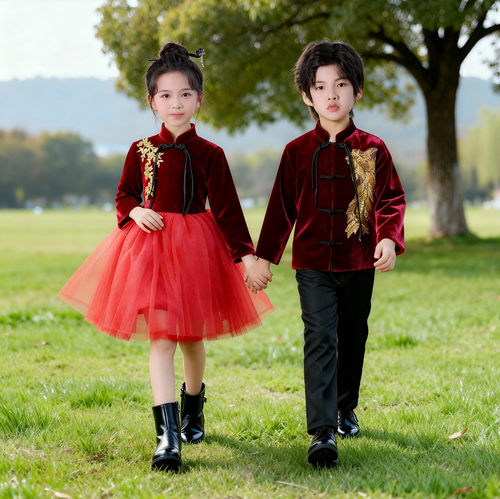 红色儿童祖国赞歌男女童表演服装