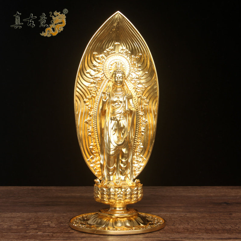真古意 黄铜贴金西方三圣观音佛像摆件 观音佛像贴真的金箔工艺品