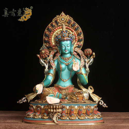 黄铜彩绘绿度母佛像摆件