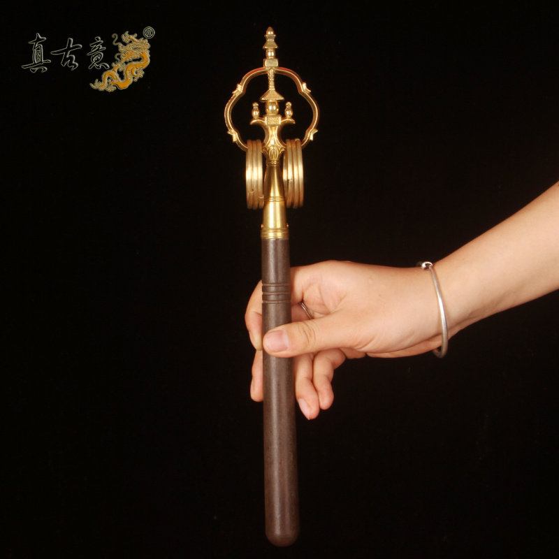 真古意 纯铜锡杖法器佛具用品锡杖地藏禅杖手持实木手柄念佛佛堂