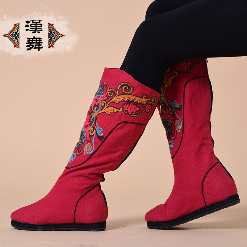 复古风绣花鞋红色拉链牧歌高筒靴