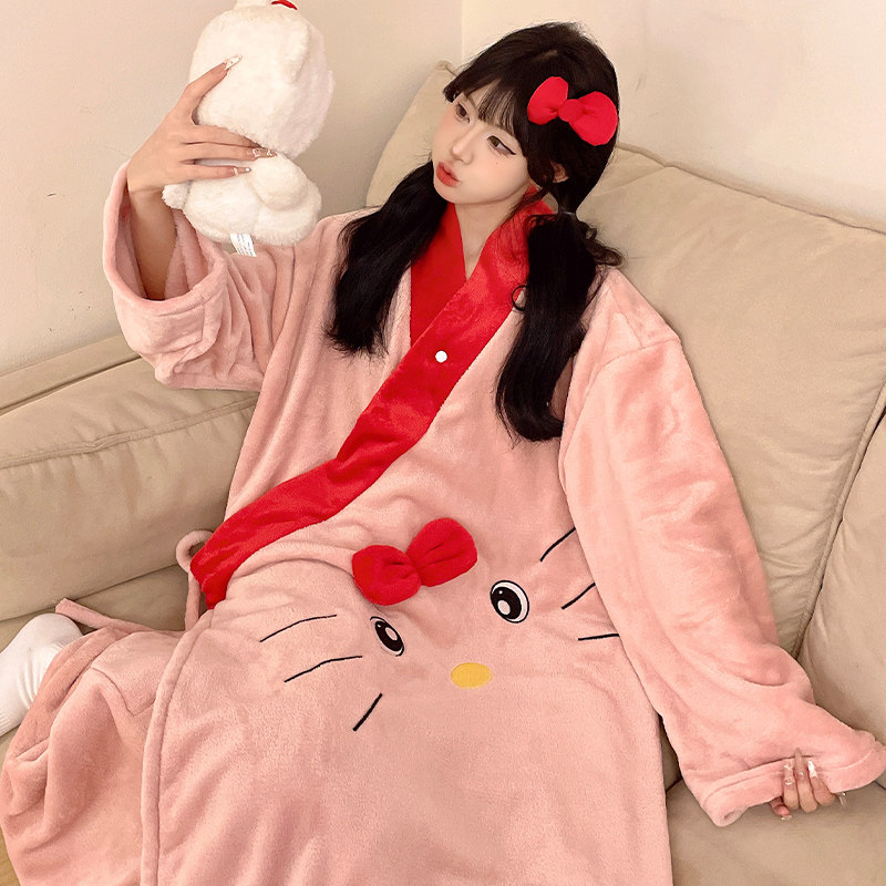 卡通睡袍女士秋冬季法兰绒和服睡衣宽松大码家居服保暖可外穿新款
