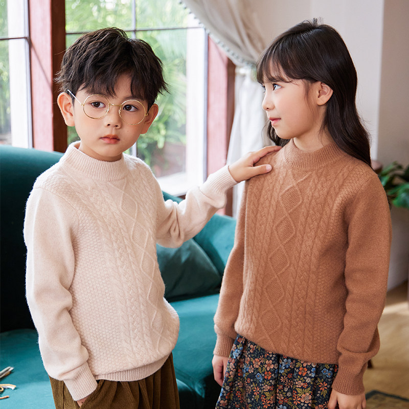 2024秋冬新款圆领100%羊毛衫男女儿童宽松显瘦菱形扭花毛衣打底衫