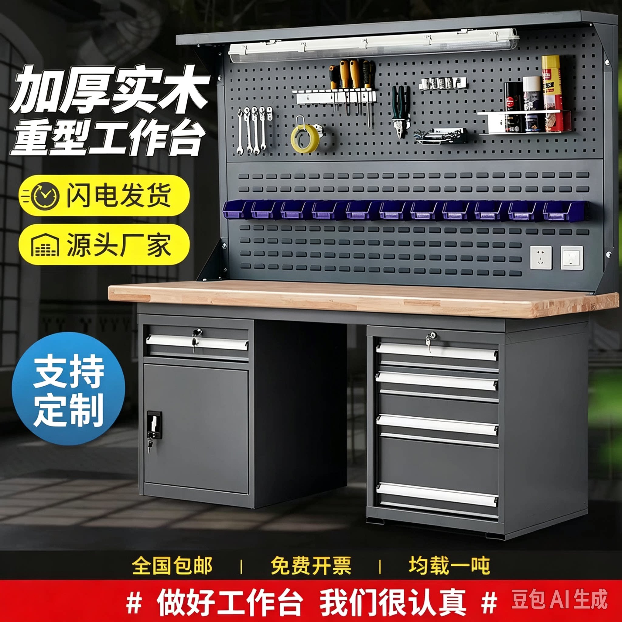 重型实木钳工工作台榉木台操作实验室车间维修工作桌带抽