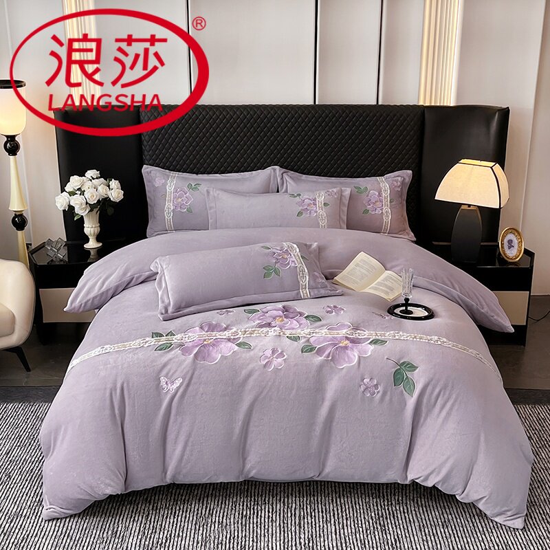 浪莎冬季牛奶绒刺绣加绒四件套珊瑚绒加厚保暖双面绒被套床上用品