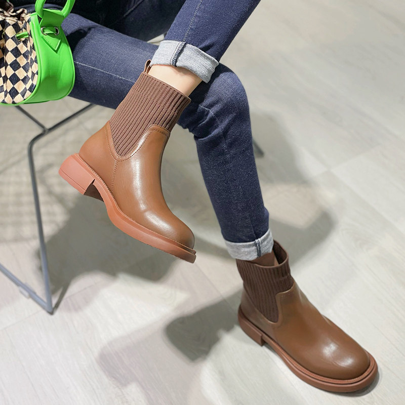 SPECIAL PRICE WOMENS SHOES ELASTIC BOOTS BOOTIES ROUND TOE THICK SOLES GENUINE LEATHER FASHIONABLE AND VERSATILE BRITISH STYLE SOLID COLOR SLEEVE BOOTS COMMUTING