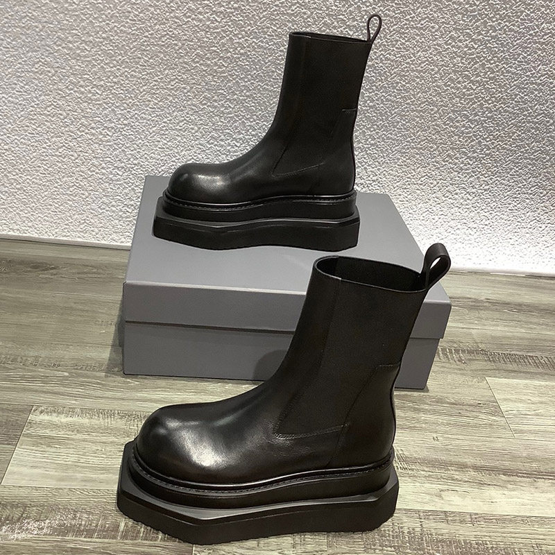 WOMENS SHOES NICHE LEATHER CHELSEA BOOTS EUROPE AND THE UNITED STATES THICK-SOLED INCREASED SLEEVE MARTIN BOOTS BLACK HIGH-HEELED MUFFIN BOTTOM BOOTS