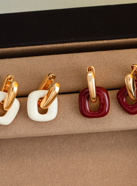 法式复古珐琅方形耳环红色撞色