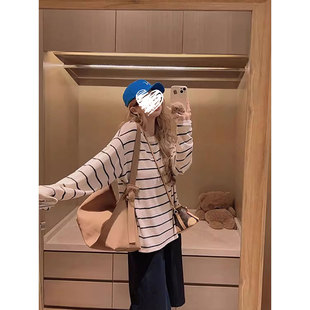 春秋松弛感宽松百搭条纹打底上衣韩版慵懒风高端减龄休闲长袖T恤