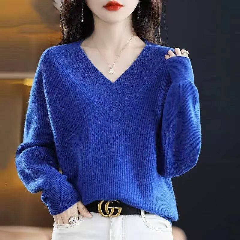 新款高级感软糯V领纯色针织打底衫秋装宽松简约设计松弛上衣外套