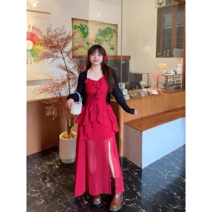 法式温柔风绝美开叉荷叶边A字连衣长裙长袖纯色开衫上衣女两件套