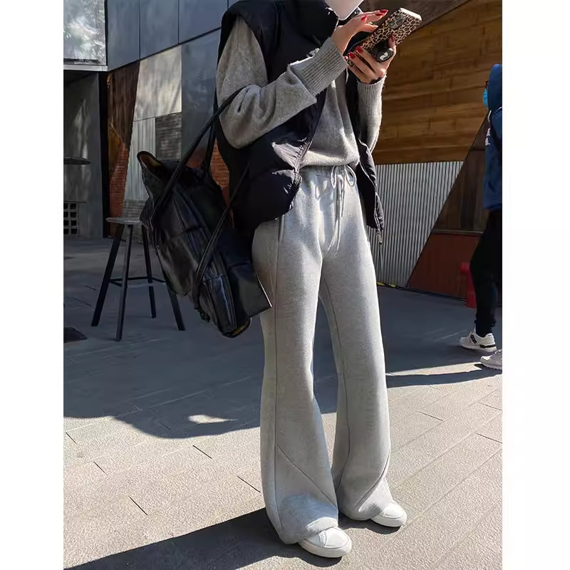 冬装纯色简约宽松高腰微喇阔腿长裤韩版显高瘦腿洋气百搭休闲卫裤,女装/女士精品,休闲裤,淘宝优惠券,粉丝福利购,淘宝优惠卷