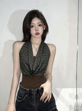 法式假两件显瘦美背露肩女T恤小衫夏季高级感格纹修身打底衫上衣
