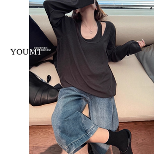 韩版高级感百搭松弛套头卫衣春秋宽松慵懒风假两件露锁骨长袖上衣