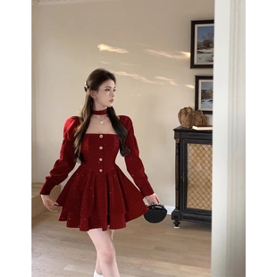 韩版甜美超好看的茶歇A字短裙春秋新款小个子百褶收腰公主连衣裙